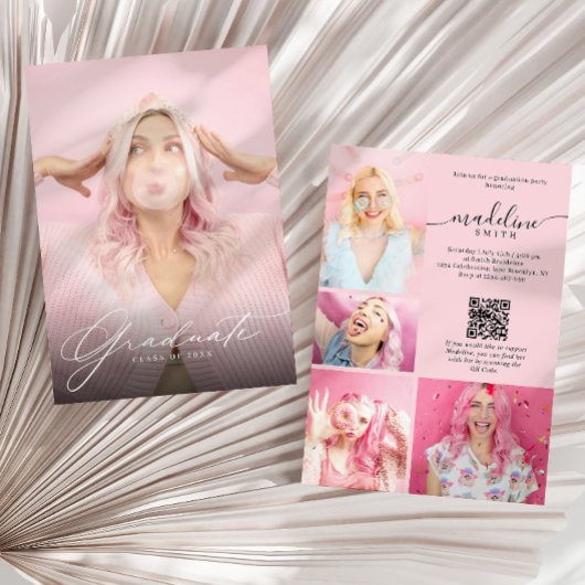 Photo Collage QR code Blush Pink Graduation Party 招待状