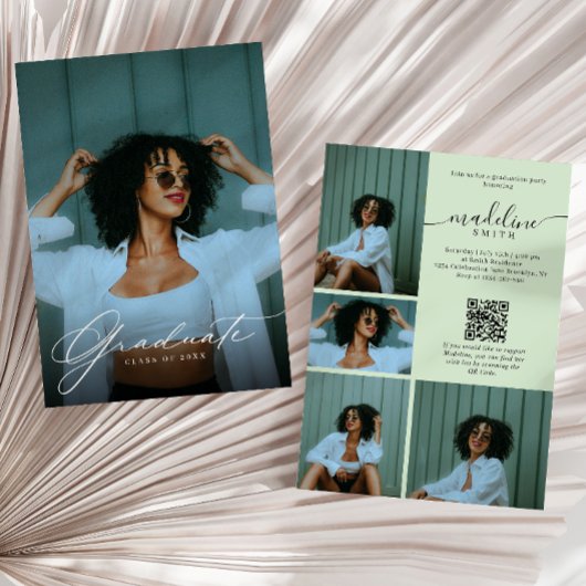 Photo Collage QR code Green Graduation Party 招待状