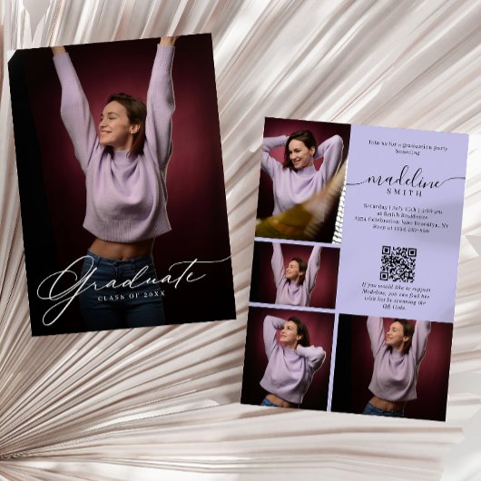 Photo Collage QR code Purple Graduation Party 招待状