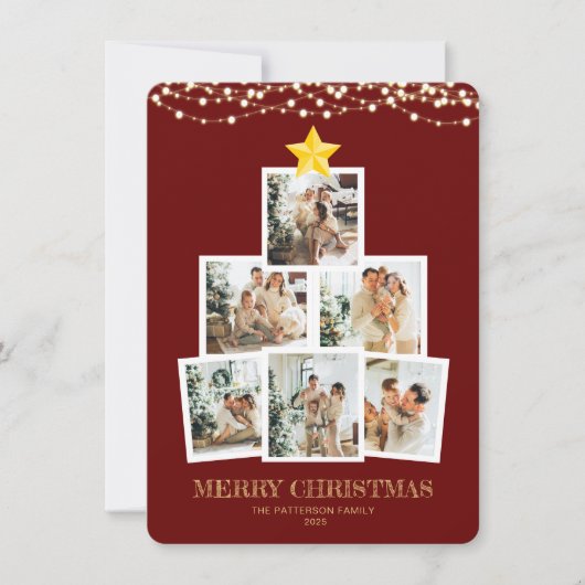 Photo Collage Tree Red String lights Christmas シーズンカード (正面)