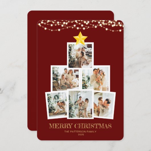 Photo Collage Tree Red String lights Christmas シーズンカード (正面/裏面)