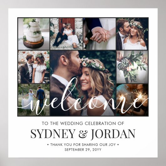 Photo Collage Wedding Welcome Script Modern Square ポスター (正面)