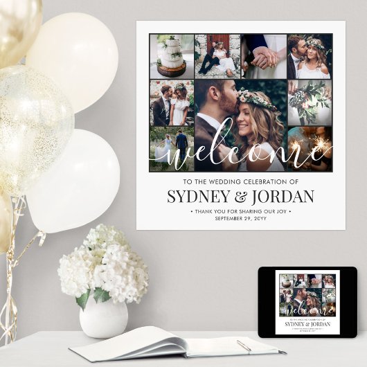 Photo Collage Wedding Welcome Script Modern Square ポスター