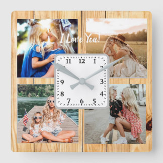 photo collage with mom, on vintage wood background スクエア壁時計