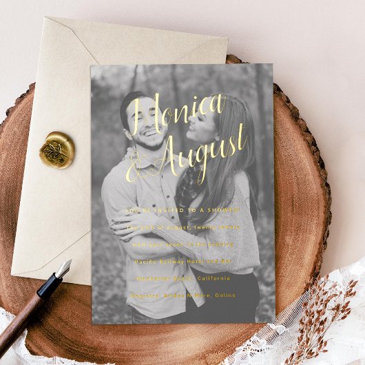 Photo Couples Shower Engagement Party Gold 箔招待状