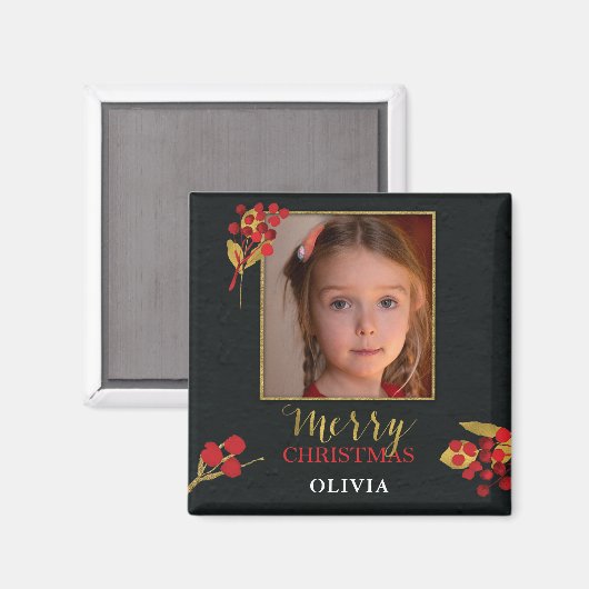 Photo Customizable Christmas Card, Black Gold Red マグネット (正面/裏面)