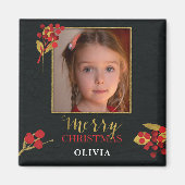 Photo Customizable Christmas Card, Black Gold Red マグネット (正面)
