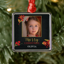 Photo Customizable Christmas Card, Black Gold Red メタルオーナメント