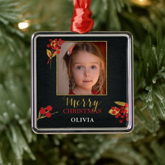 Photo Customizable Christmas Card, Black Gold Red メタルオーナメント (ツリー)