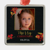 Photo Customizable Christmas Card, Black Gold Red メタルオーナメント (正面)