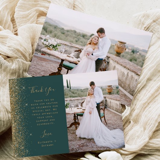 Photo Dark Green Gold Glitter Script Wedding サンキューカード