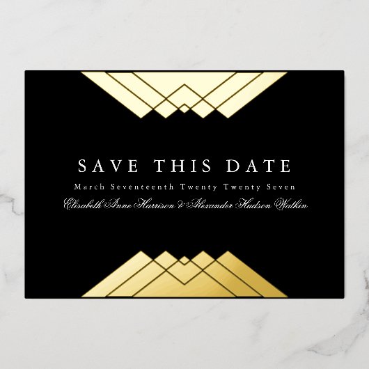 Photo Deco Black Geometric Gold Save the Date 箔招待状 (正面)