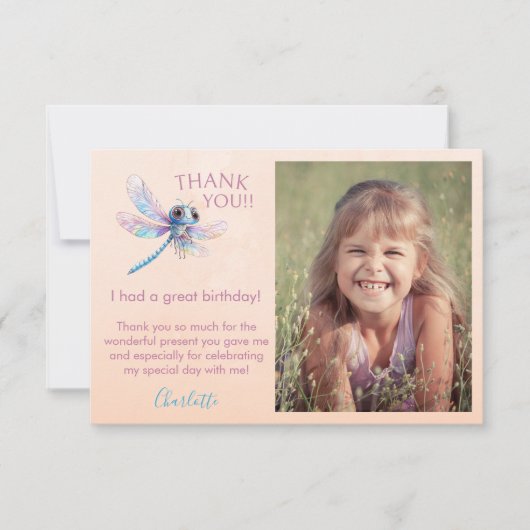 Photo Dragonfly Girl's Birthday Thank You Card (正面)