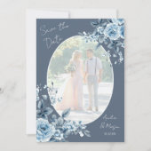 Photo Dusty Blue Script Floral Save the Date Card 招待状 (正面)