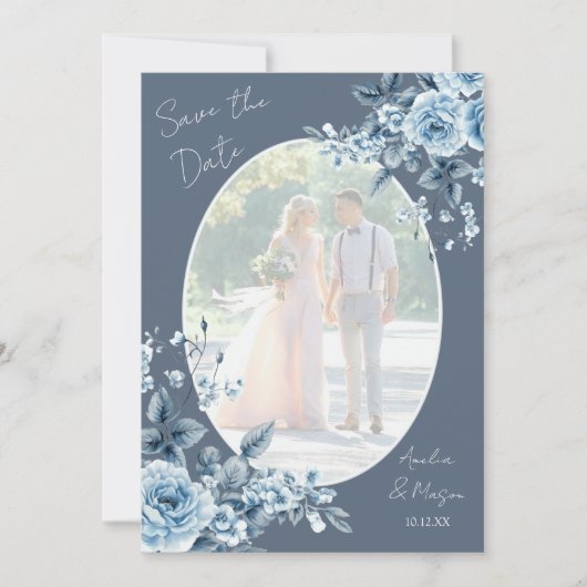 Photo Dusty Blue Script Floral Save the Date Card 招待状 (正面)