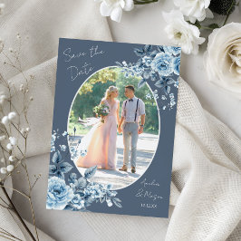 Photo Dusty Blue Script Floral Save the Date Card 招待状