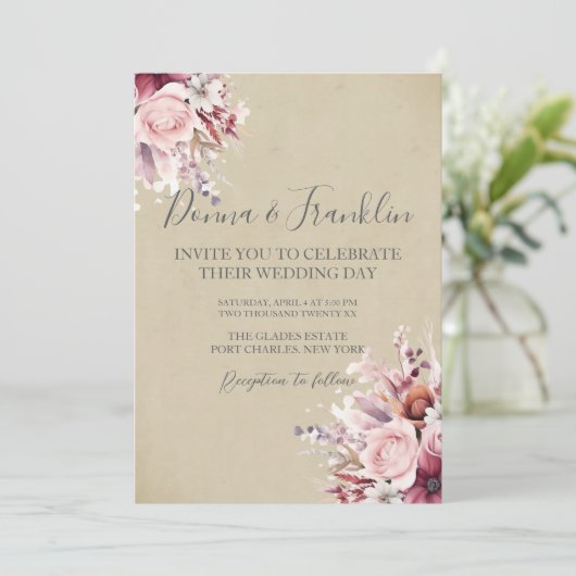 Photo Dusty Pink Rose QR Code 結婚's 招待状 (スタンド正面)