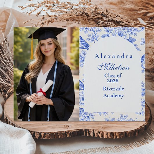 Photo Elegant Blue Floral Graduation Party 案内状