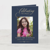 Photo Elegant Blue Gold Funeral Keepsake Program カード (正面)
