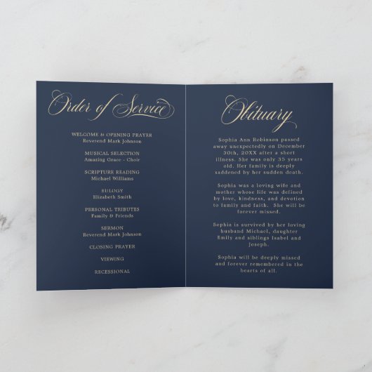 Photo Elegant Blue Gold Funeral Keepsake Program カード (内部)