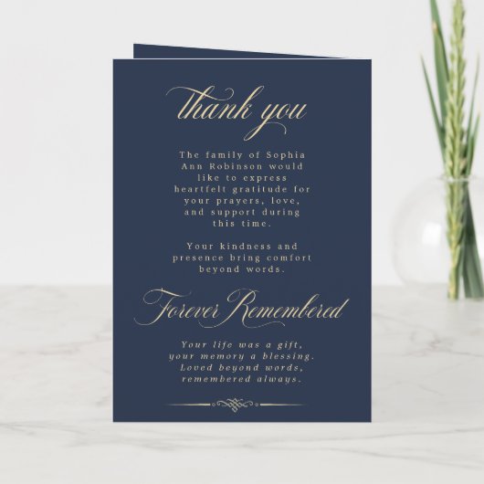 Photo Elegant Blue Gold Funeral Keepsake Program カード (裏面)