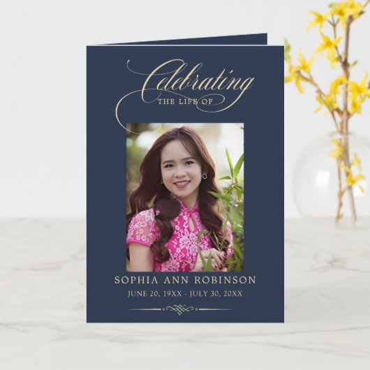 Photo Elegant Blue Gold Funeral Keepsake Program カード (黄色い花)