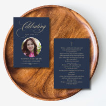 Photo Elegant Blue Gold Funeral Prayer Cards