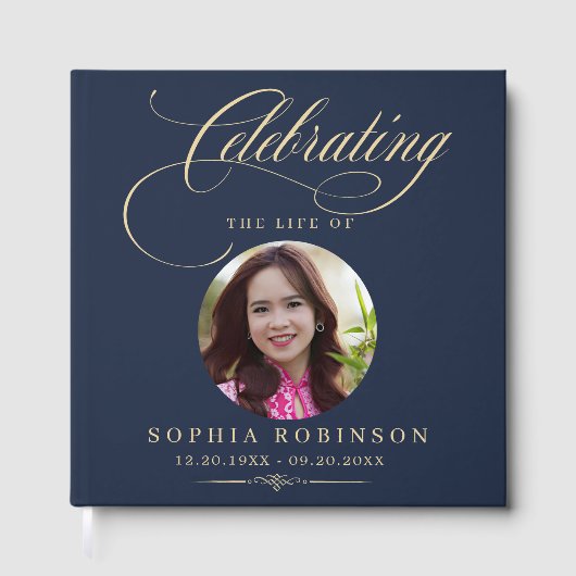 Photo Elegant Blue Gold Script Funeral Memorial  ゲストブック (正面)
