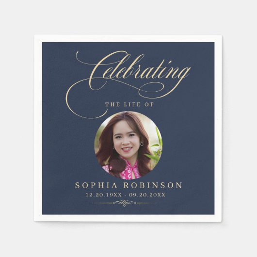 Photo Elegant Blue Gold Script Funeral Memorial  スタンダードカクテルナプキン (正面)