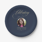 Photo Elegant Blue Gold Script Funeral Memorial  ペーパープレート (正面)