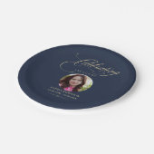 Photo Elegant Blue Gold Script Funeral Memorial  ペーパープレート (アングル)