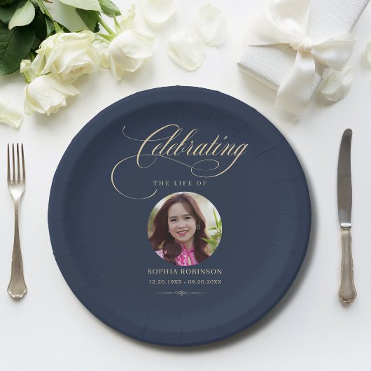 Photo Elegant Blue Gold Script Funeral Memorial  ペーパープレート