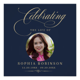 Photo Elegant Blue Gold Script Funeral Memorial  ポスター