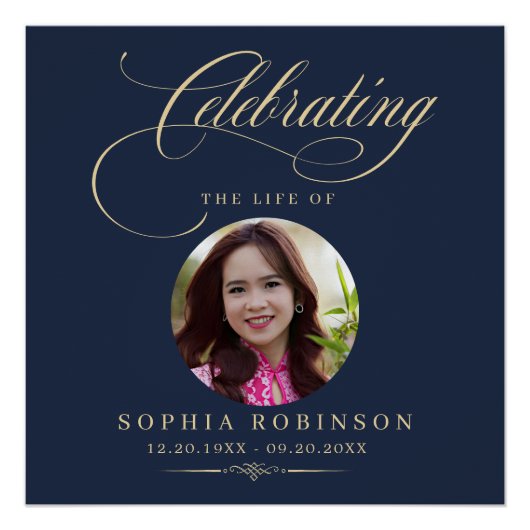 Photo Elegant Blue Gold Script Funeral Memorial  ポスター (正面)