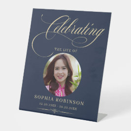 Photo Elegant Blue Gold Script Funeral Memorial  台座サイン