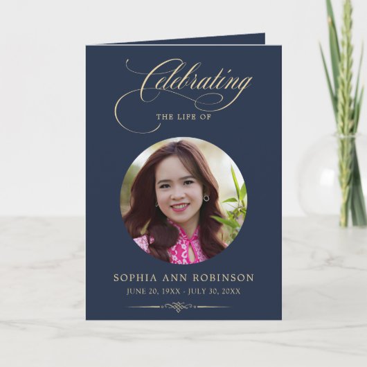 Photo Elegant Blue Gold Script Funeral Program カード (正面)