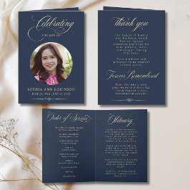 Photo Elegant Blue Gold Script Funeral Program カード