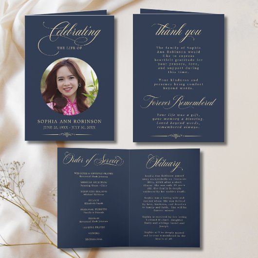 Photo Elegant Blue Gold Script Funeral Program カード