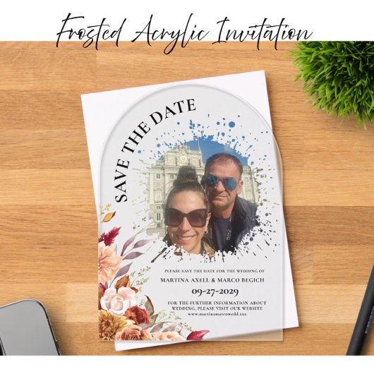 Photo Fall Floral Save the date Frosted アクリル招待状
