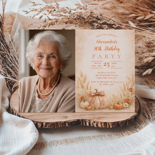 Photo Fall Harvest Floral 90th Birthday 招待状