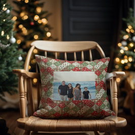 Photo family Christmas patchwork Green Red  クッション