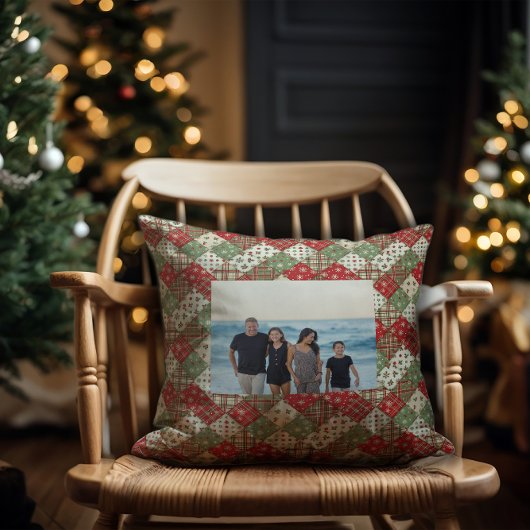 Photo family Christmas patchwork Green Red  クッション