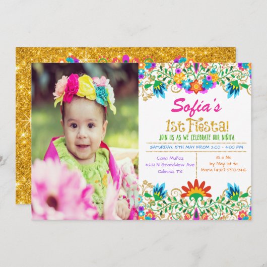 PHOTO - Fiesta 1st誕生日グリッター招待状 招待状 (正面/裏面)