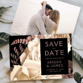 Photo Floral Ivory Rose Gold Save the Date 招待状