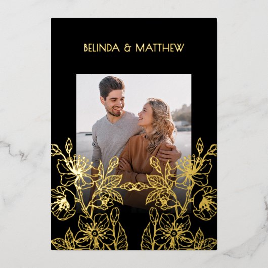 Photo Floral Line Art Black Gold Wedding 箔招待状 (正面)