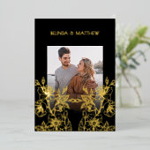 Photo Floral Line Art Black Gold Wedding 箔招待状 (立ち正面)
