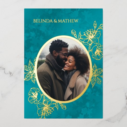 Photo Floral Line Art Rose Gold Wedding 箔招待状 (正面)