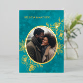 Photo Floral Line Art Rose Gold Wedding 箔招待状 (立ち正面)