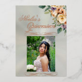 Photo & Floral on Pastel Green Quinceanera 箔招待状 (正面)