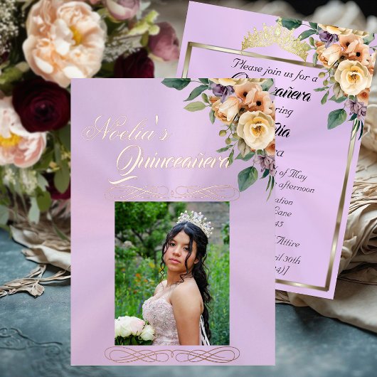  Photo & Floral on Pastel Lavender Quinceanera  箔招待状